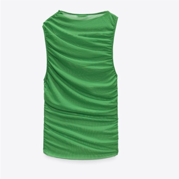 Zara NWT mesh Green tulle sleeveless ruched sheer top - Picture 7 of 7